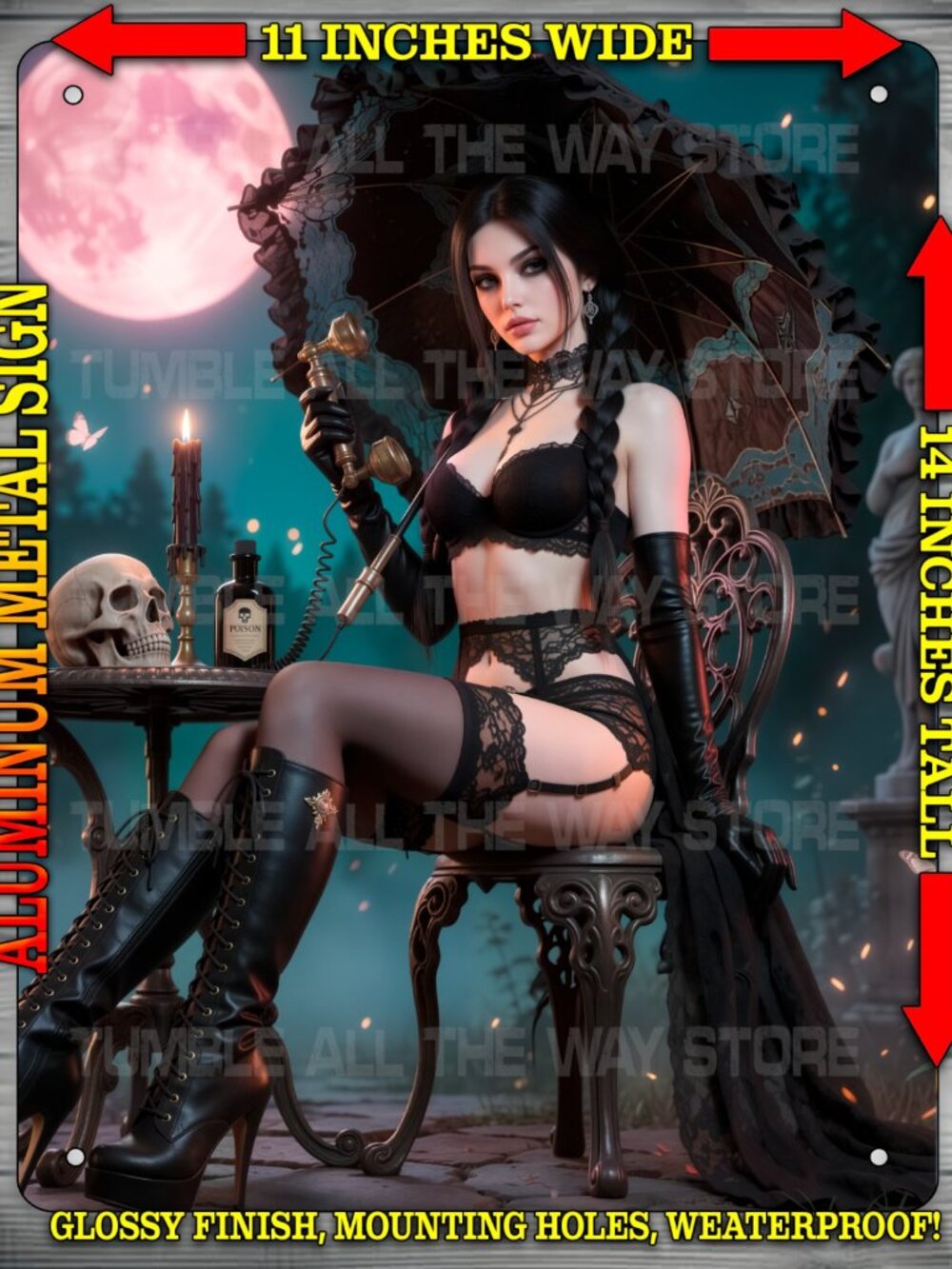 Sexy Wednesday Addams on Phone with Poison Bottle Metal Sign Wall Art 14" x 11"